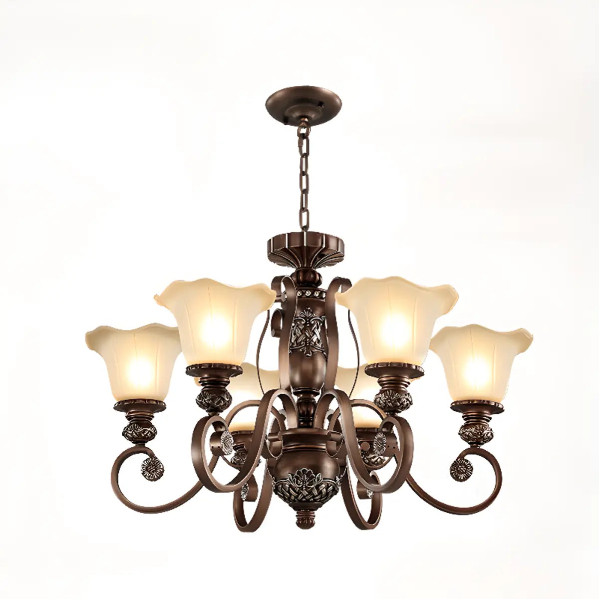 Classic Bronze Bell Matte White Glass Chandelier Image - 11