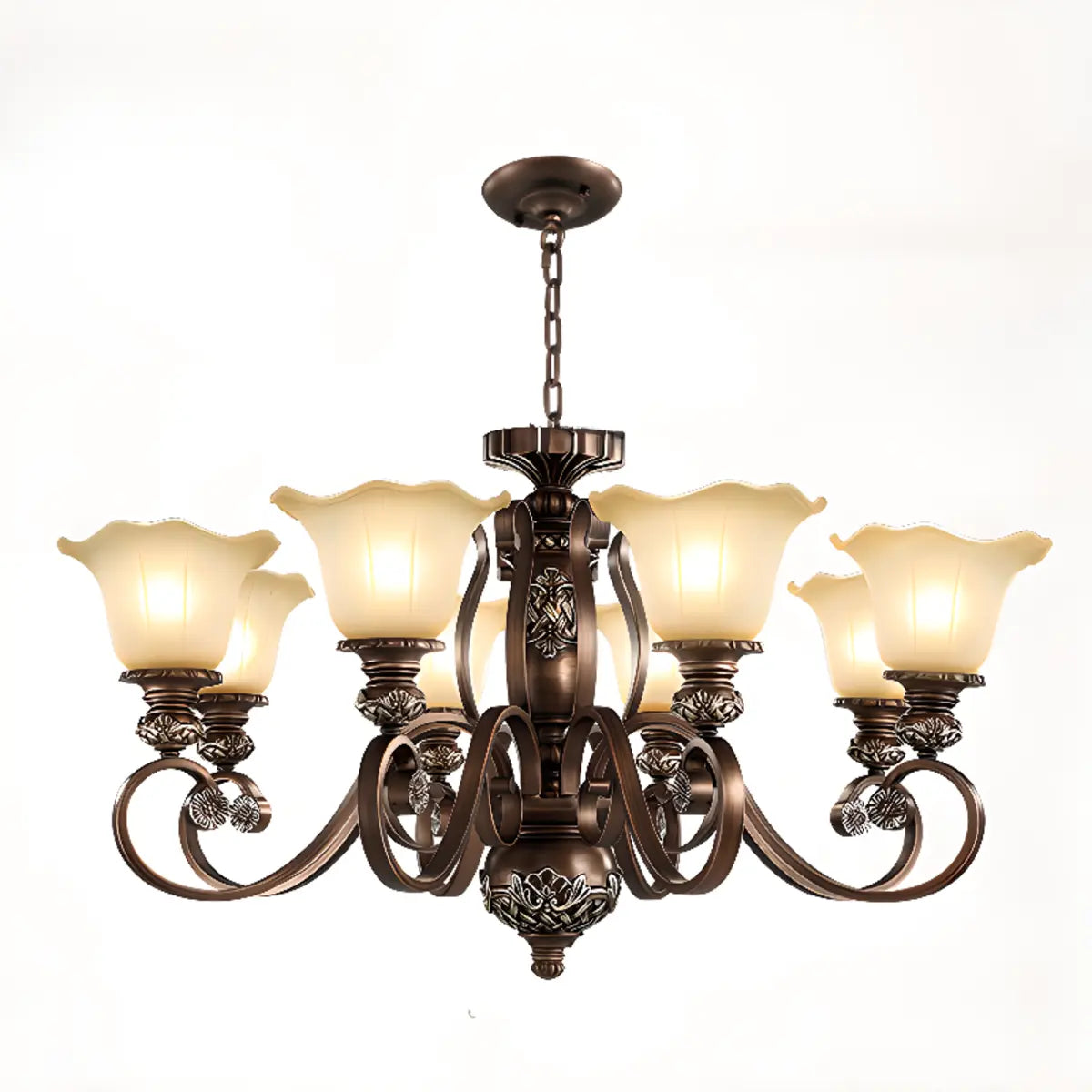 Classic Bronze Bell Matte White Glass Chandelier Image - 12