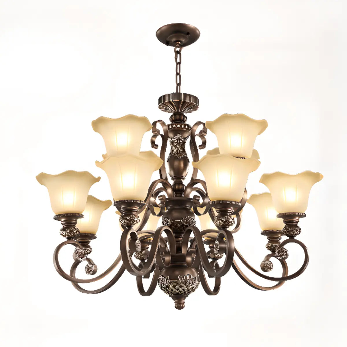 Classic Bronze Bell Matte White Glass Chandelier Image - 14