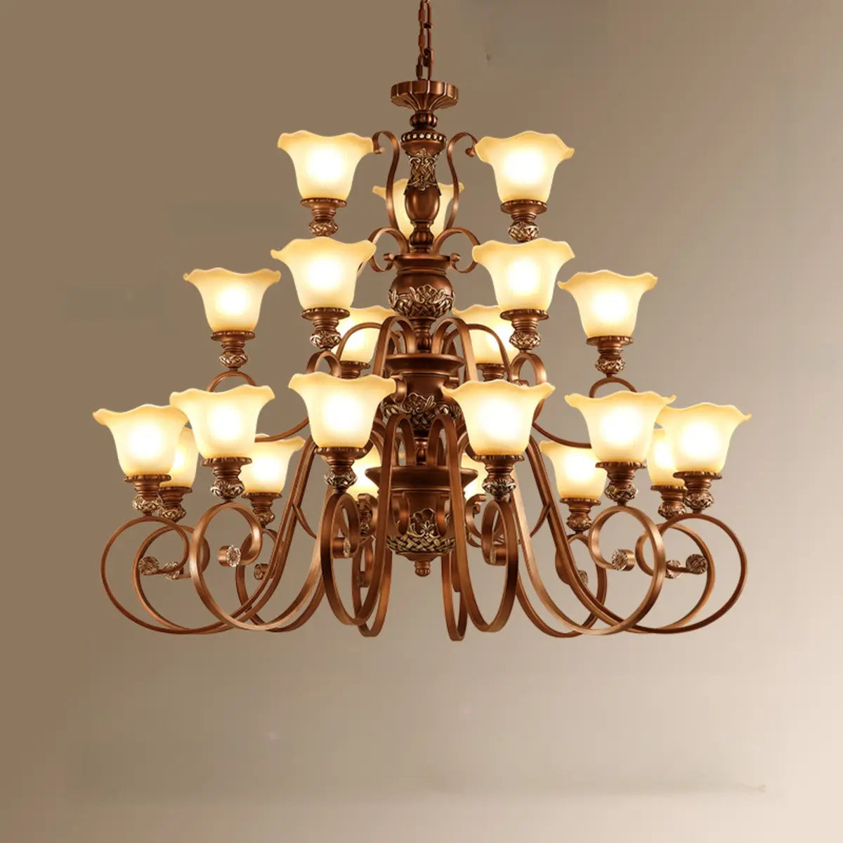 Classic Bronze Bell Matte White Glass Chandelier Image - 15