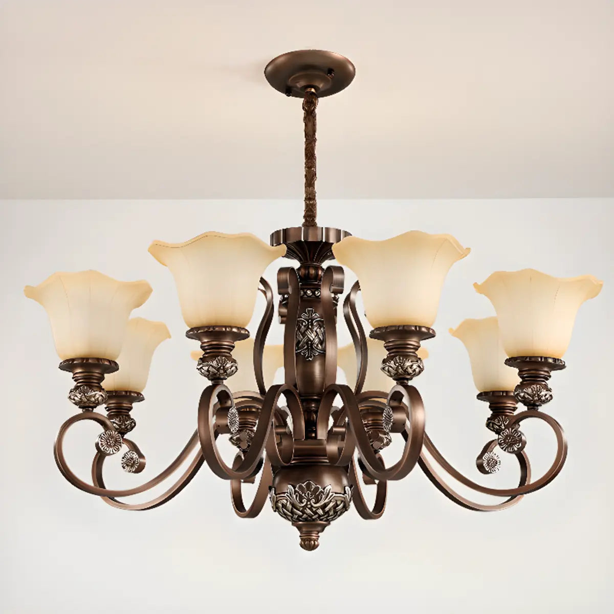 Classic Bronze Bell Matte White Glass Chandelier Image - 16