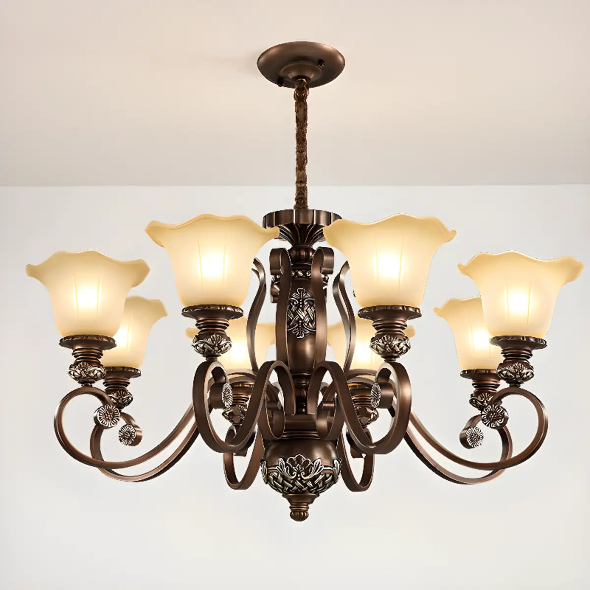 Classic Bronze Bell Matte White Glass Chandelier Image - 17