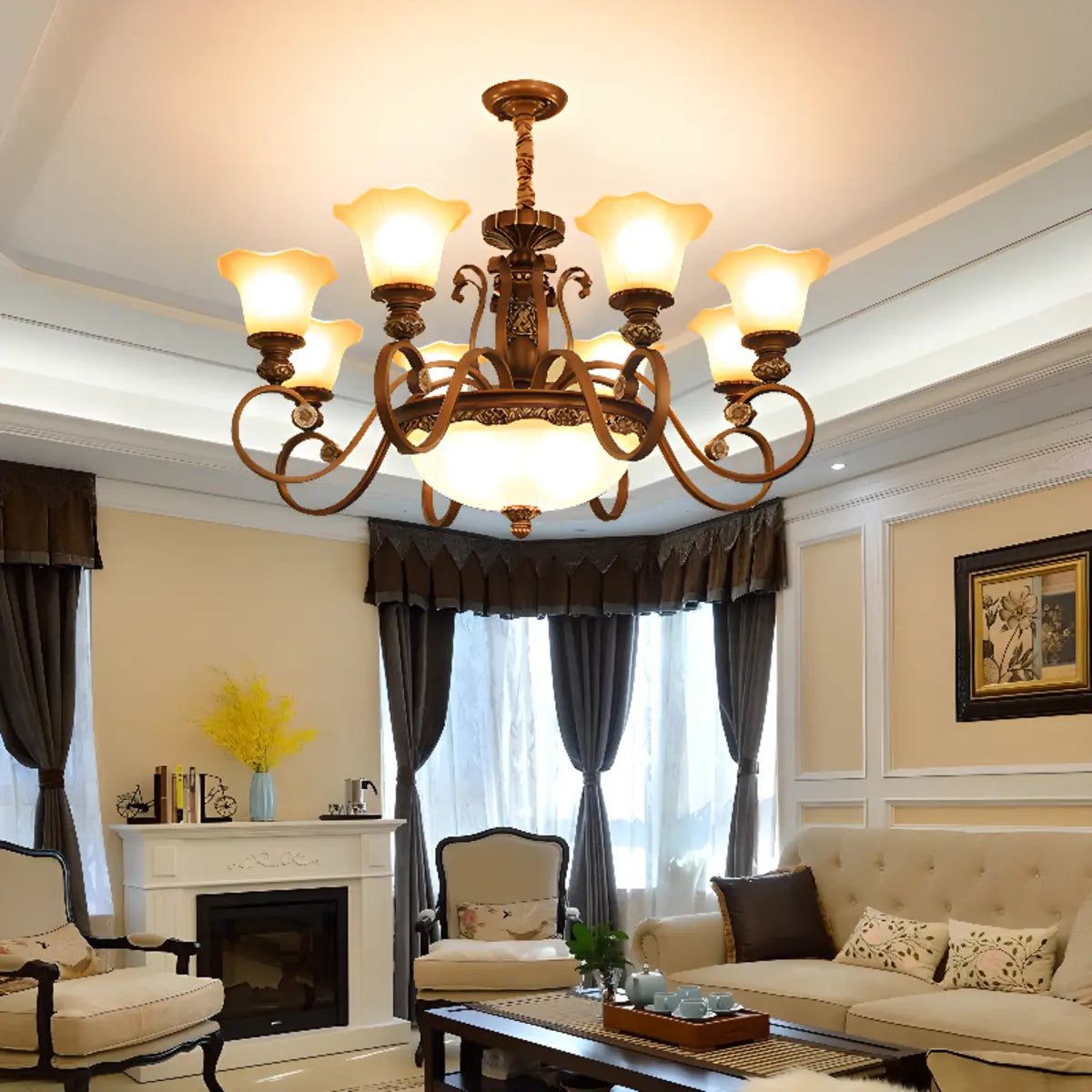 Classic Bronze Bell Matte White Glass Chandelier Image - 3