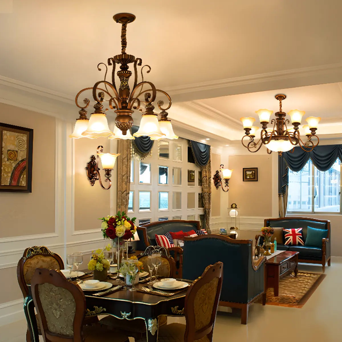 Classic Bronze Bell Matte White Glass Chandelier Image - 4