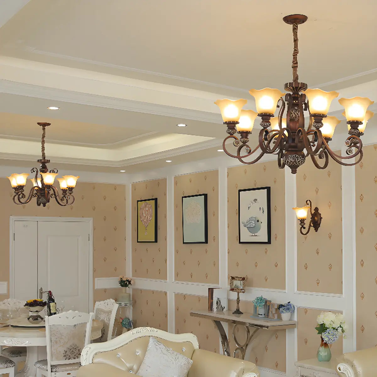 Classic Bronze Bell Matte White Glass Chandelier Image - 5