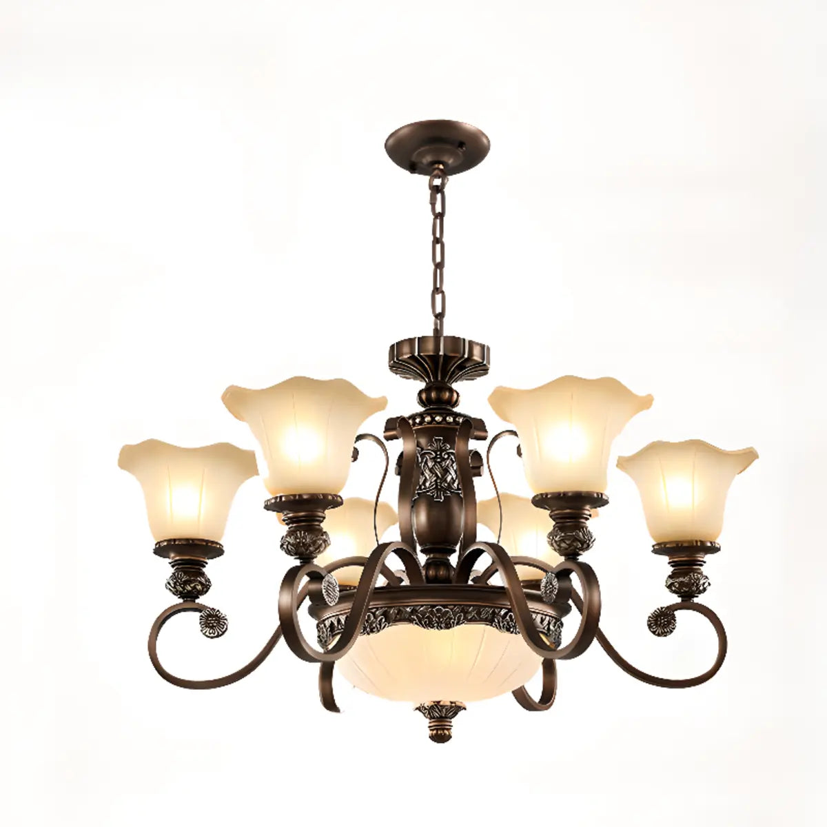 Classic Bronze Bell Matte White Glass Chandelier Image - 7