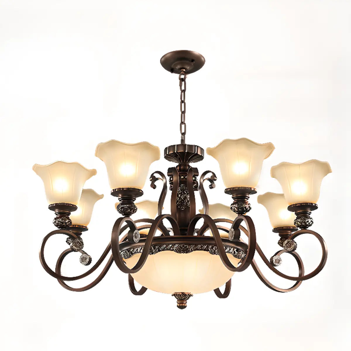 Classic Bronze Bell Matte White Glass Chandelier Image - 8