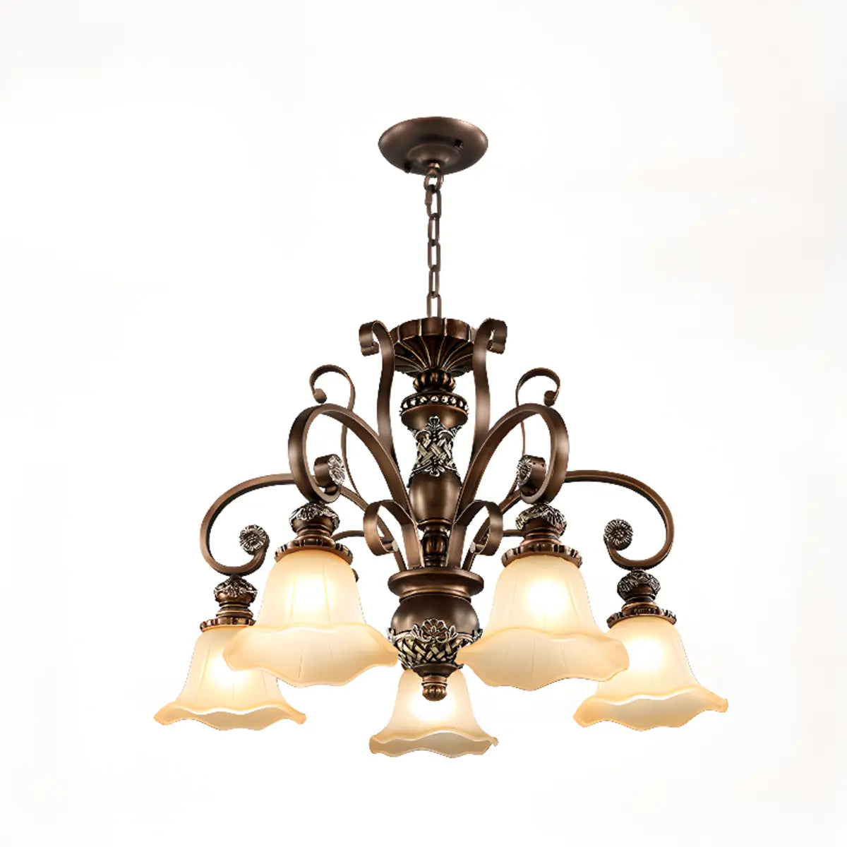 Classic Bronze Bell Matte White Glass Chandelier Image - 10