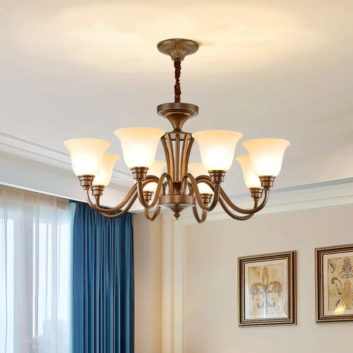 Classic Bronze Curved Arms Round Frosted Glass Chandelier Image - 1