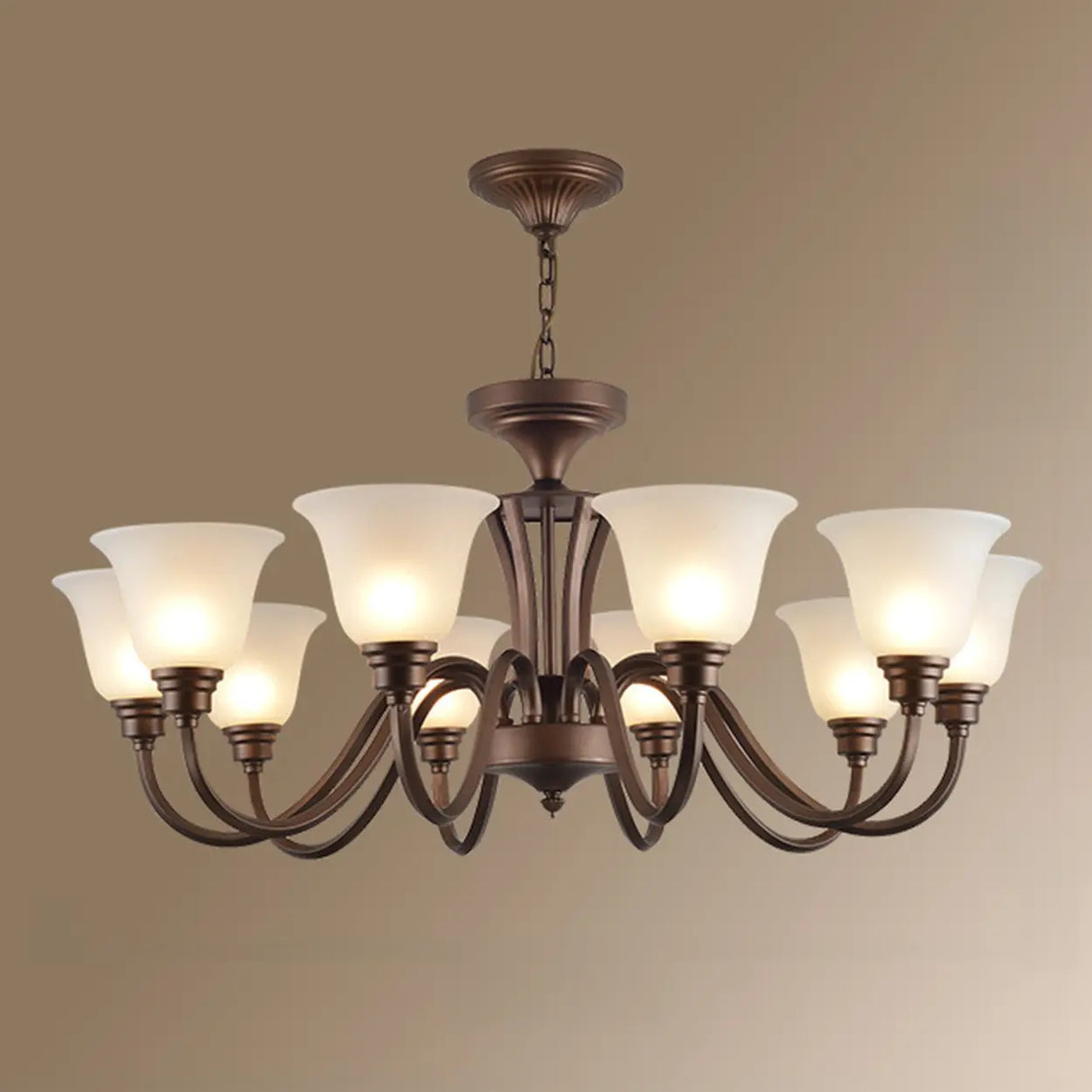 Classic Bronze Curved Arms Round Frosted Glass Chandelier Image - 10