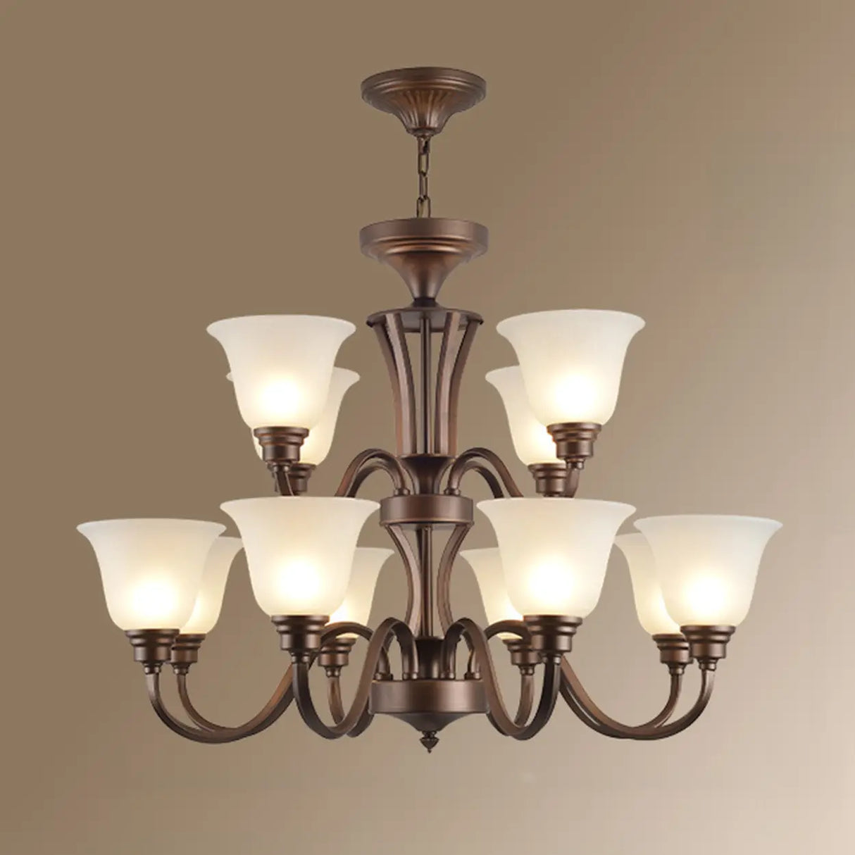 Classic Bronze Curved Arms Round Frosted Glass Chandelier Image - 11