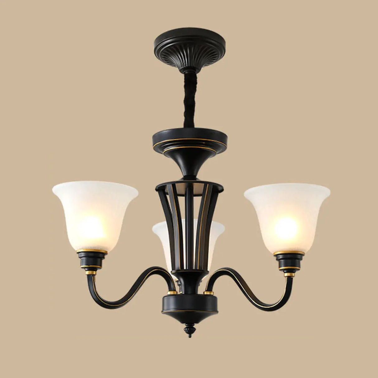 Classic Bronze Curved Arms Round Frosted Glass Chandelier Image - 12