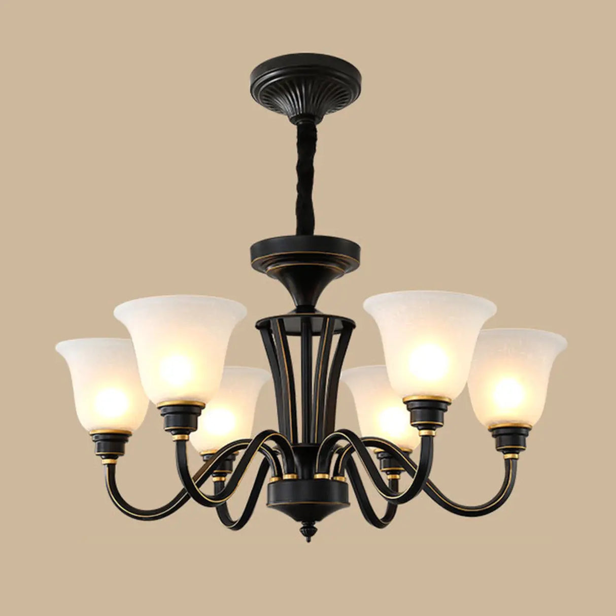 Classic Bronze Curved Arms Round Frosted Glass Chandelier Image - 14