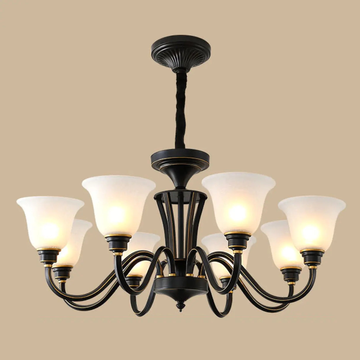 Classic Bronze Curved Arms Round Frosted Glass Chandelier Image - 15