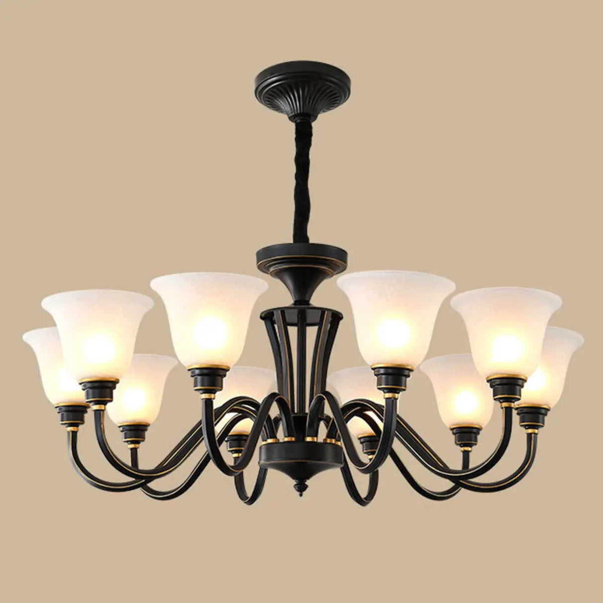 Classic Bronze Curved Arms Round Frosted Glass Chandelier Image - 16