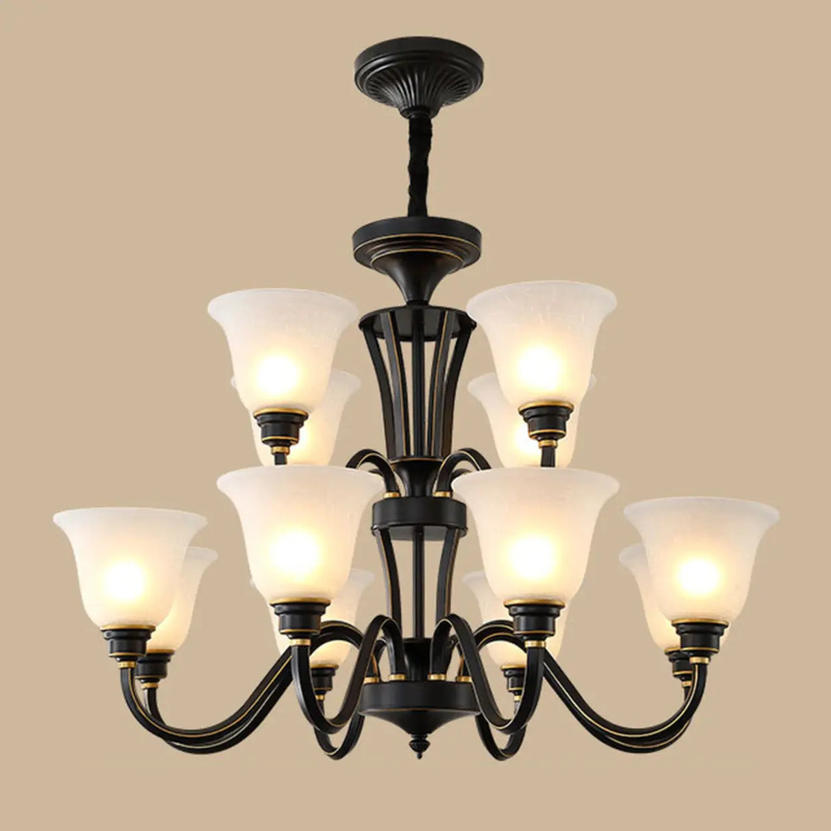 Classic Bronze Curved Arms Round Frosted Glass Chandelier Image - 17