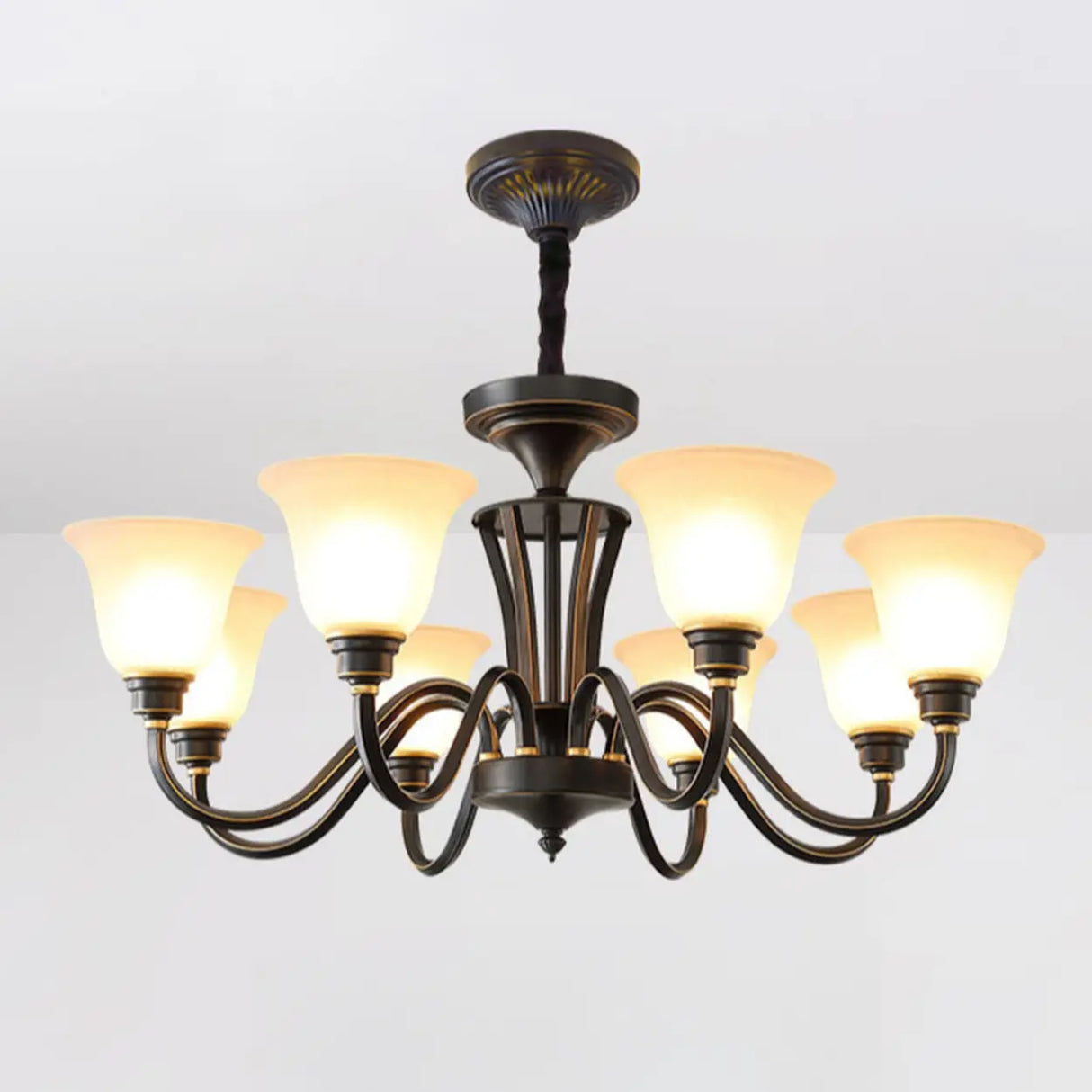 Classic Bronze Curved Arms Round Frosted Glass Chandelier Image - 27