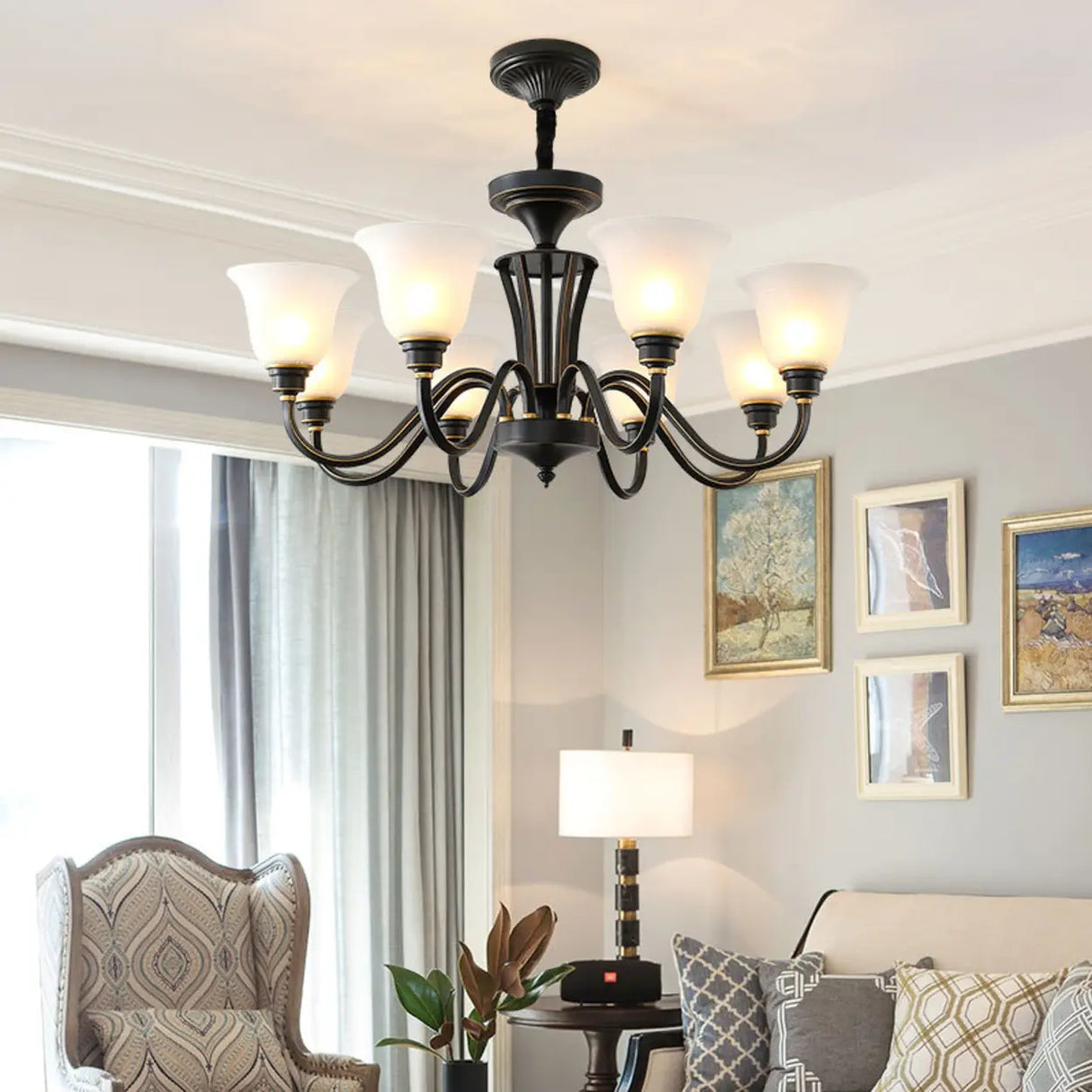 Classic Bronze Curved Arms Round Frosted Glass Chandelier Image - 3