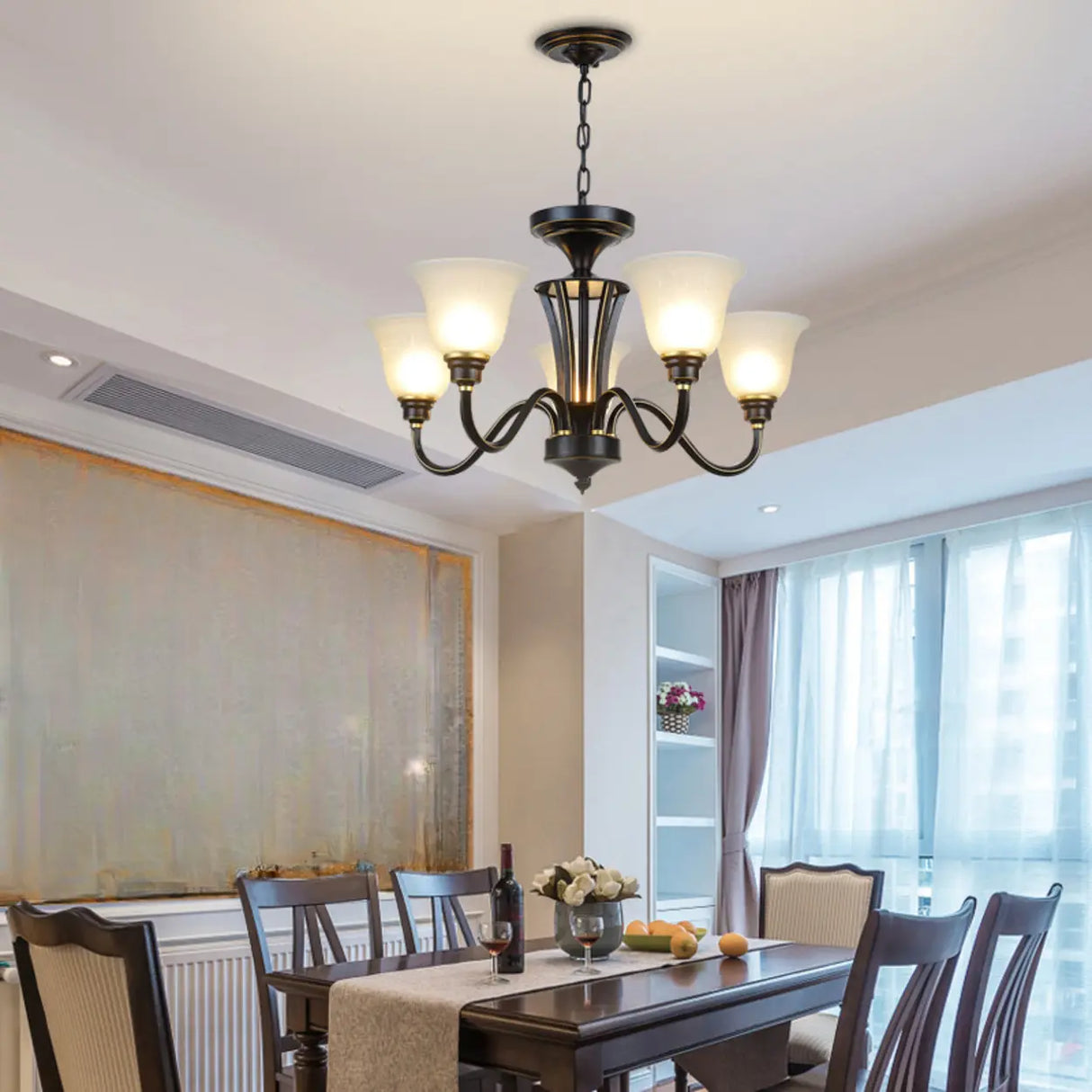 Classic Bronze Curved Arms Round Frosted Glass Chandelier Image - 4