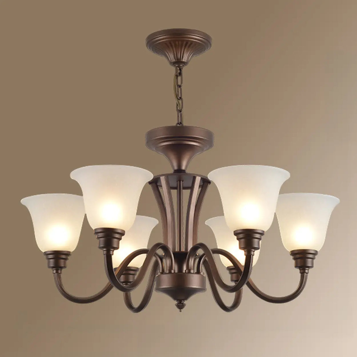 Classic Bronze Curved Arms Round Frosted Glass Chandelier Image - 8