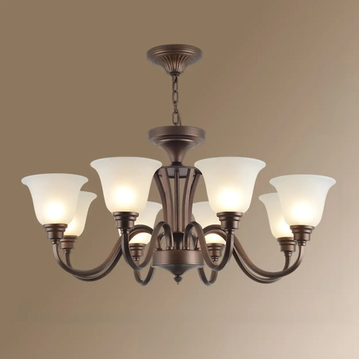 Classic Bronze Curved Arms Round Frosted Glass Chandelier Image - 9
