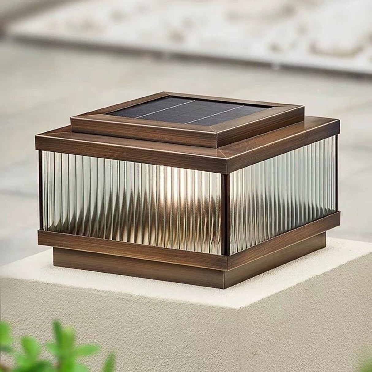 Classic Bronze Solar Ribbed Glass Outdoor Table Lamp Image - 4