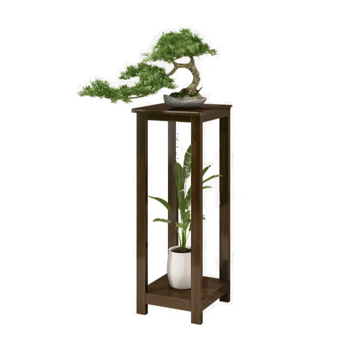 Classic Brown Square 2-Layers Bamboo Indoor Plant Stand Image - 9