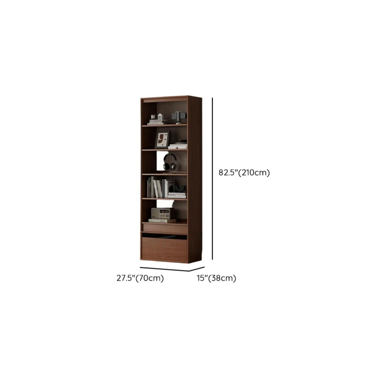 Classic Brown Wood Vertical Bookshelf with Drawers Image - 16