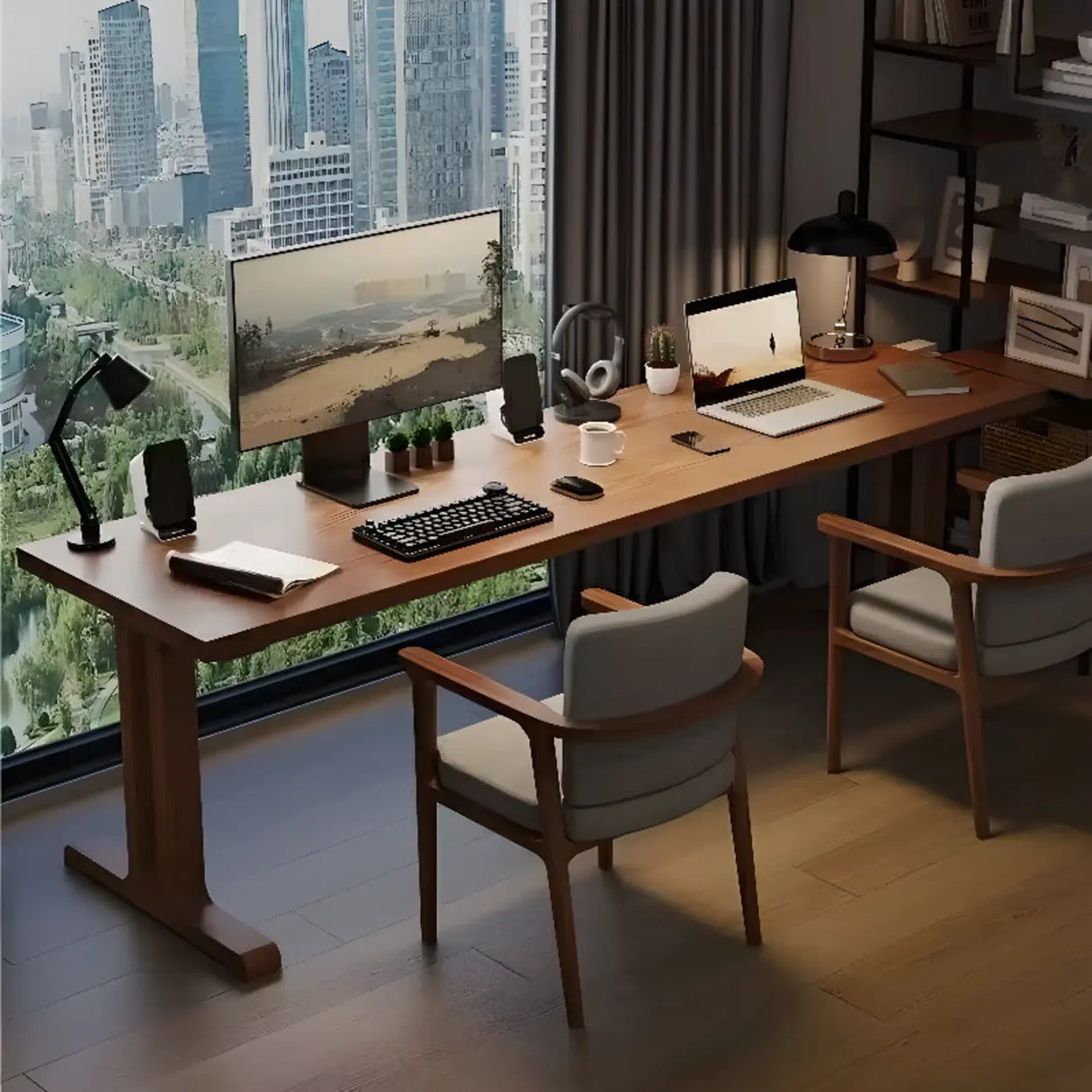 Classic Brown Wooden Rectangular Double Computer Desk Image - 1