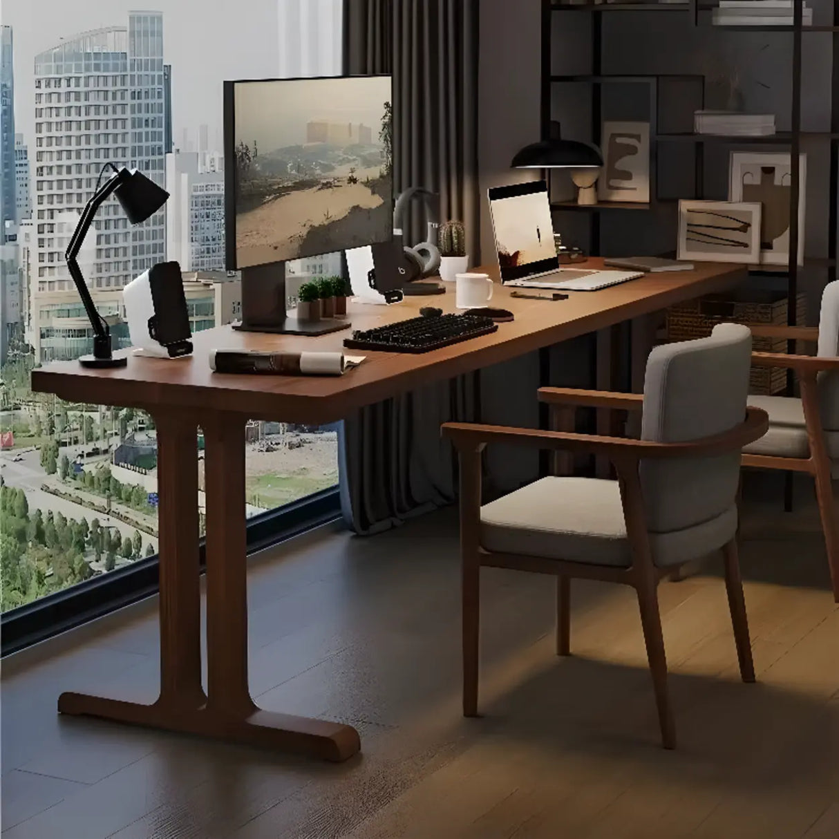 Classic Brown Wooden Rectangular Double Computer Desk Image - 3