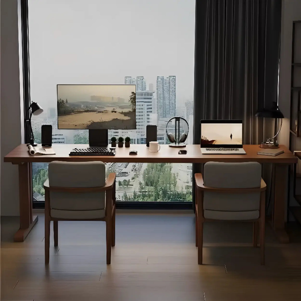 Classic Brown Wooden Rectangular Double Computer Desk Image - 4