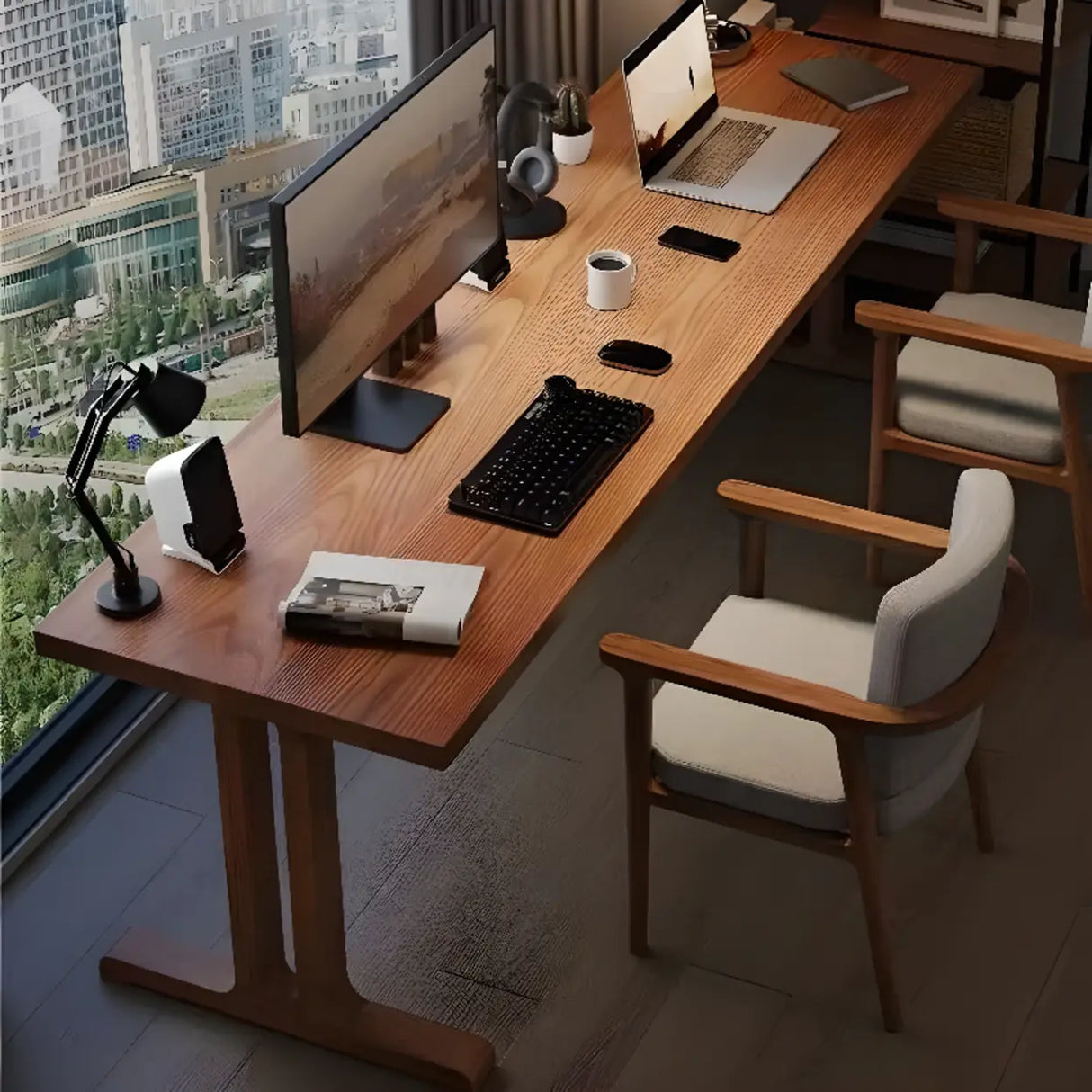 Classic Brown Wooden Rectangular Double Computer Desk Image - 5