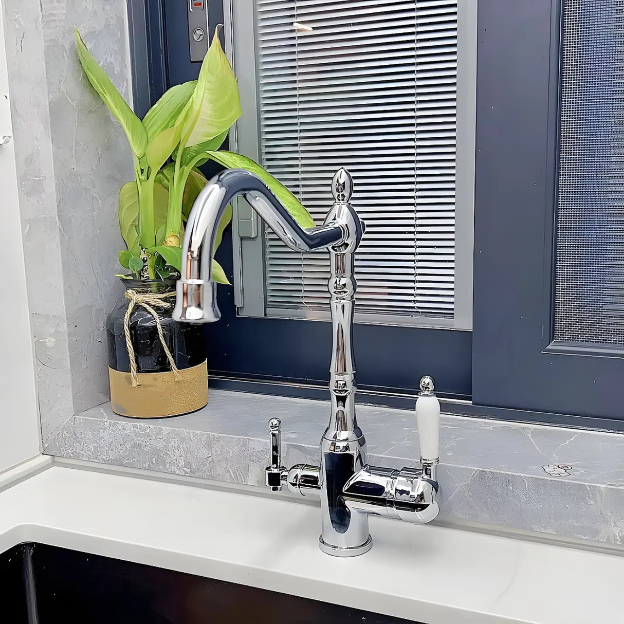 Classic Chrome Kitchen Faucet with Dual Handles Image - 3