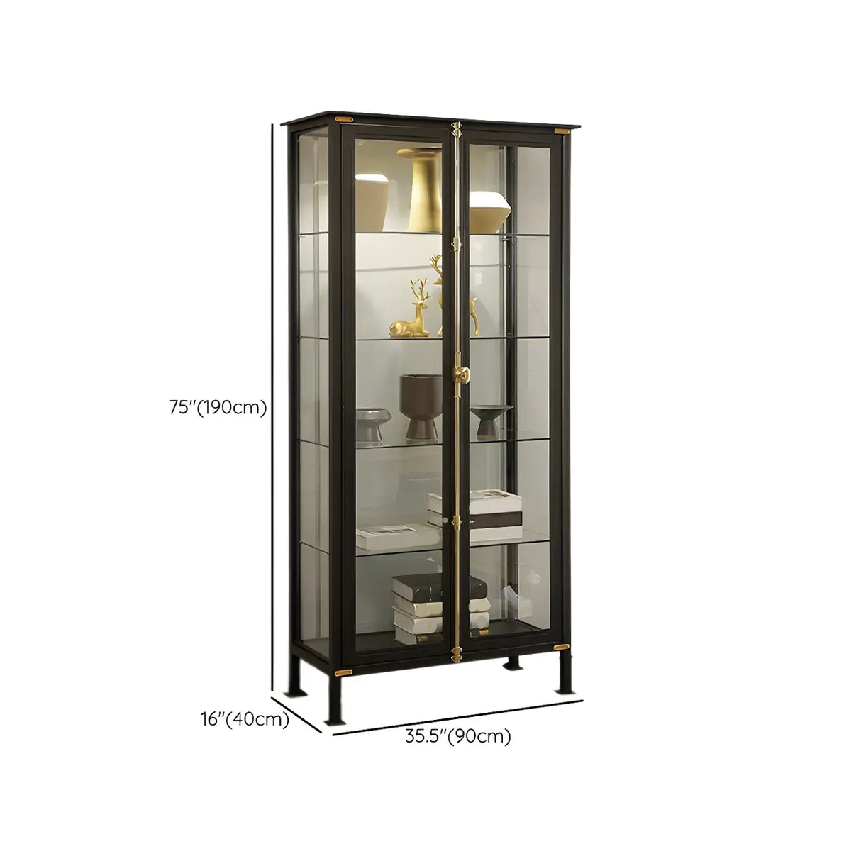 Classic Clear Glass Black Metal Curio Display Cabinet