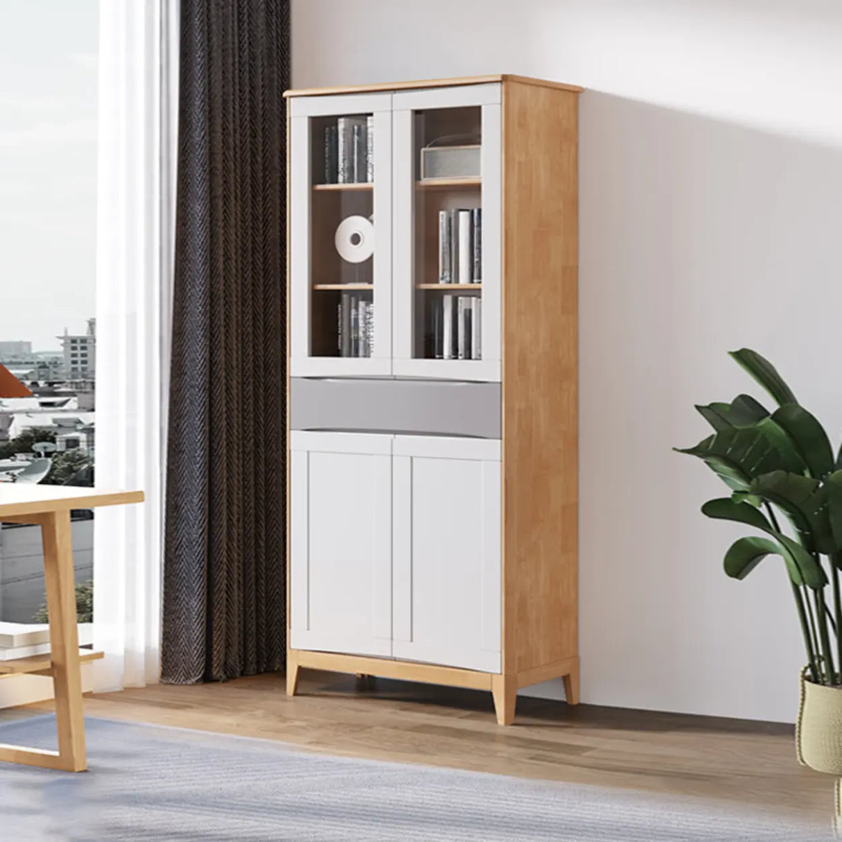 Classic Closed Cabinet Glass Door Wood Narrow Bookcase Image - 1