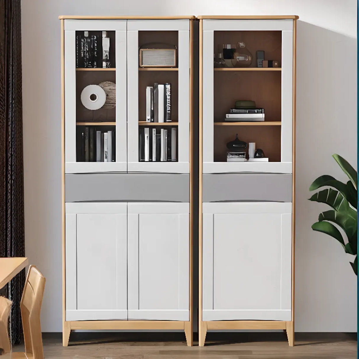 Classic Closed Cabinet Glass Door Wood Narrow Bookcase Image - 11