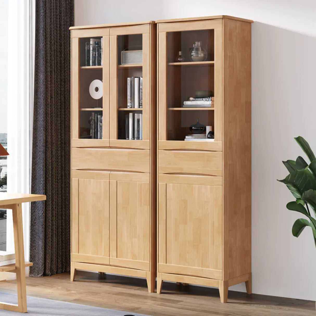 Classic Closed Cabinet Glass Door Wood Narrow Bookcase Image - 2