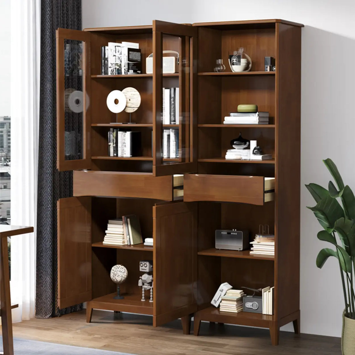 Classic Closed Cabinet Glass Door Wood Narrow Bookcase Image - 3