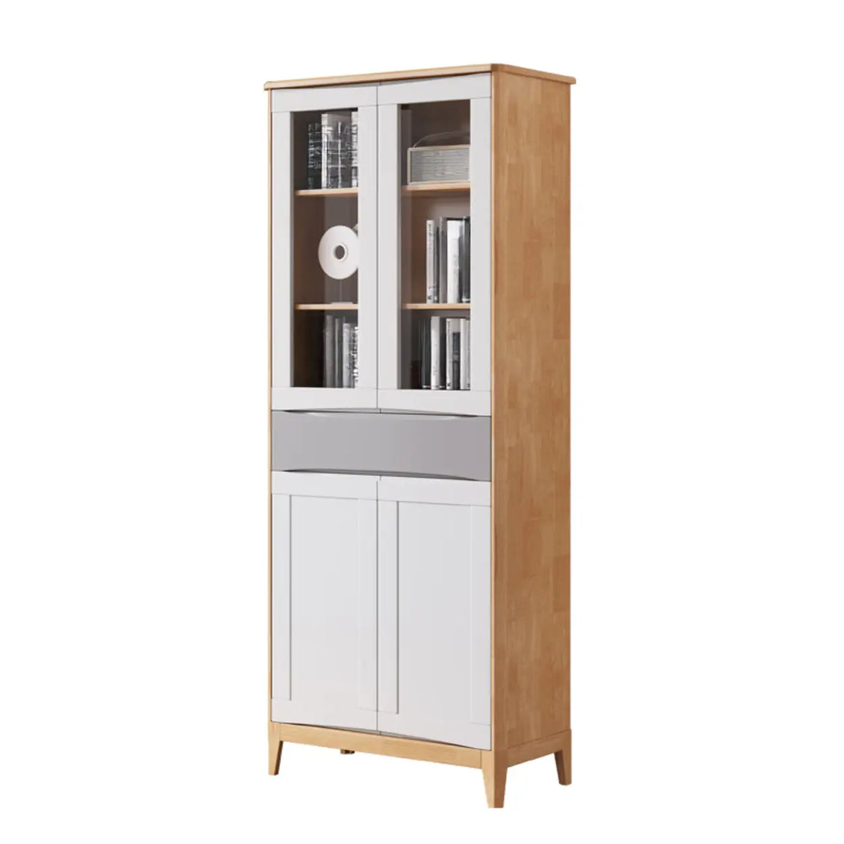 Classic Closed Cabinet Glass Door Wood Narrow Bookcase Image - 5