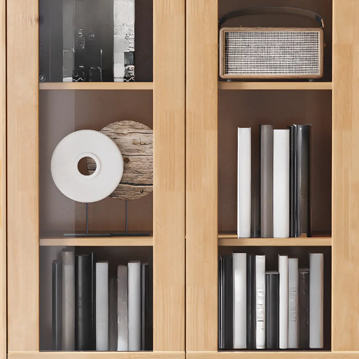 Classic Closed Cabinet Glass Door Wood Narrow Bookcase Image - 9