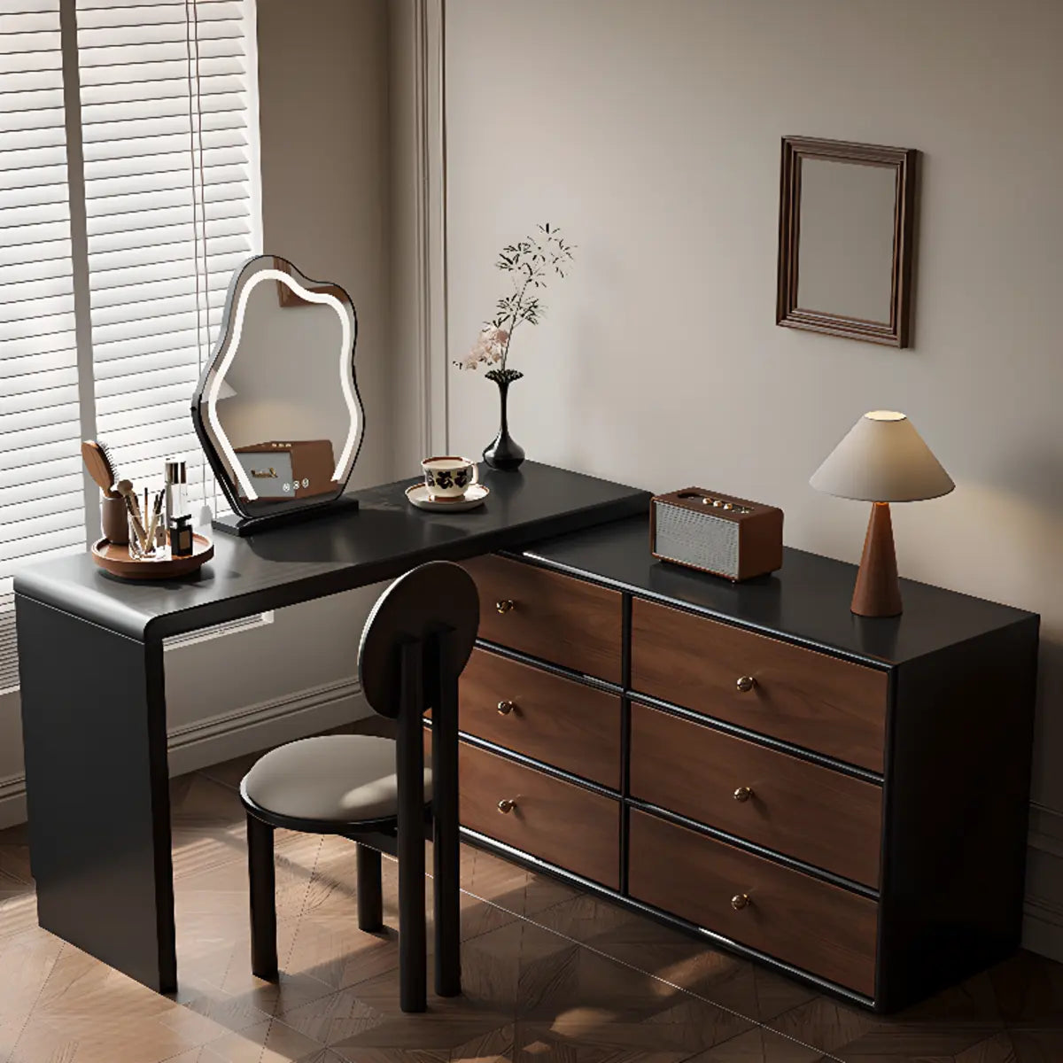 Classic Curved Mirror Black Wood Scalable Makeup Vanity Set Image - 1
