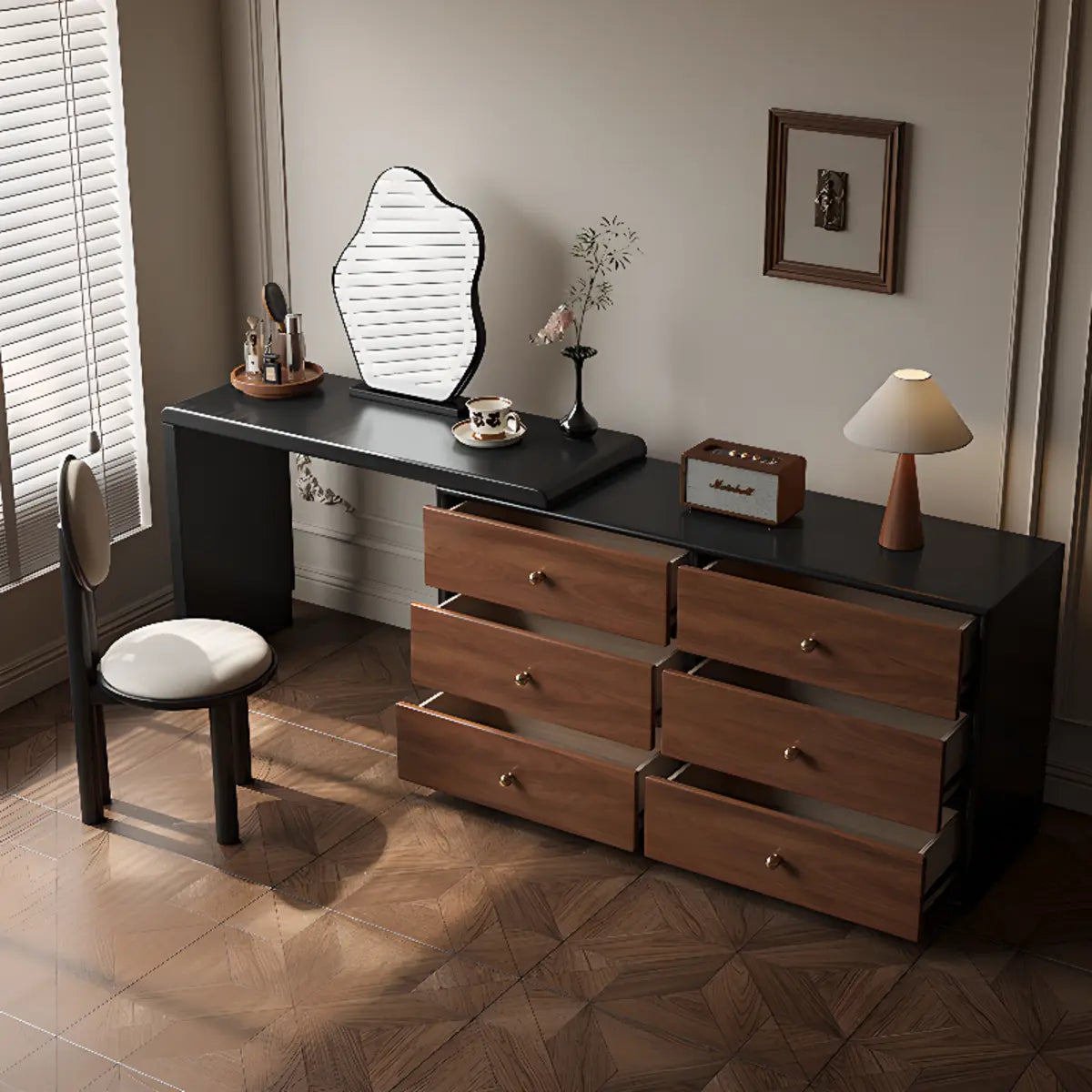 Classic Curved Mirror Black Wood Scalable Makeup Vanity Set Image - 5