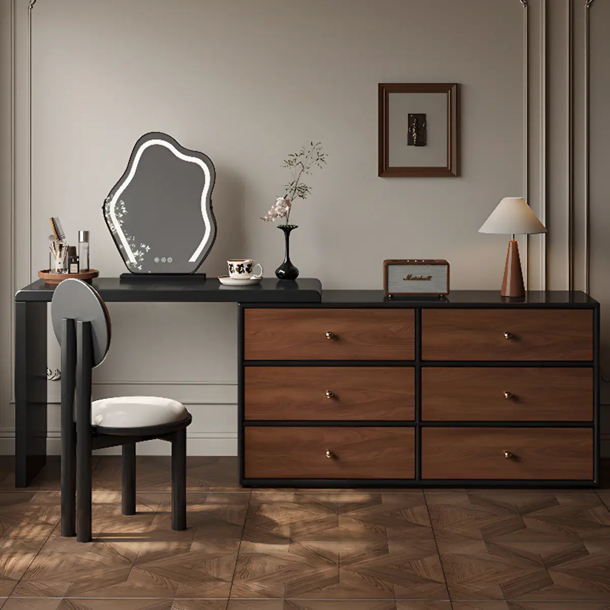 Classic Curved Mirror Black Wood Scalable Makeup Vanity Set Image - 6