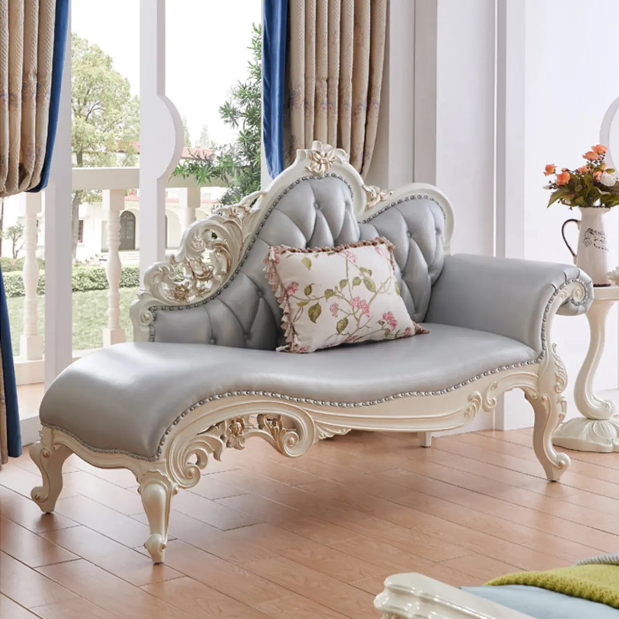 Classic Curved Tufted Reclining Leather Chaise Lounge Sofa Image - 5