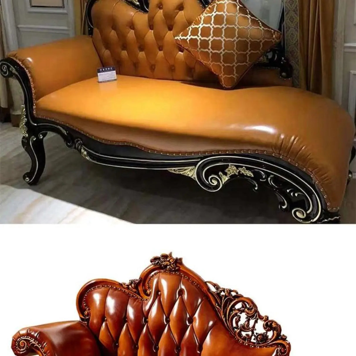 Classic Curved Tufted Reclining Leather Chaise Lounge Sofa Image - 6