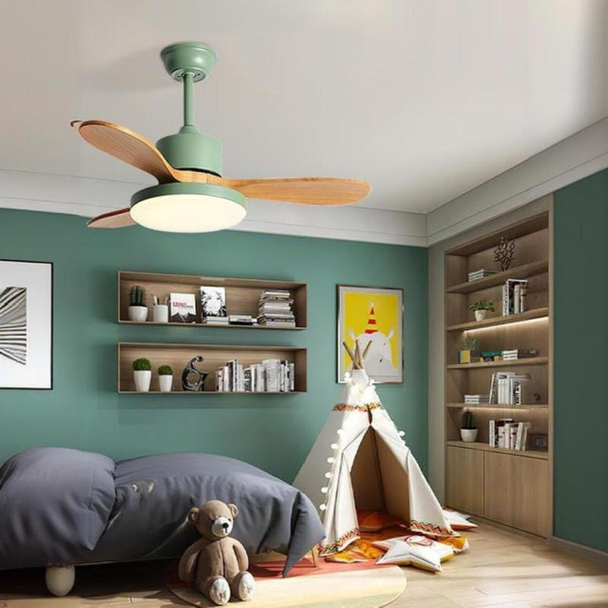 Classic Down Rod 3 Solid Wood Blades Ceiling Fan Light Image - 1