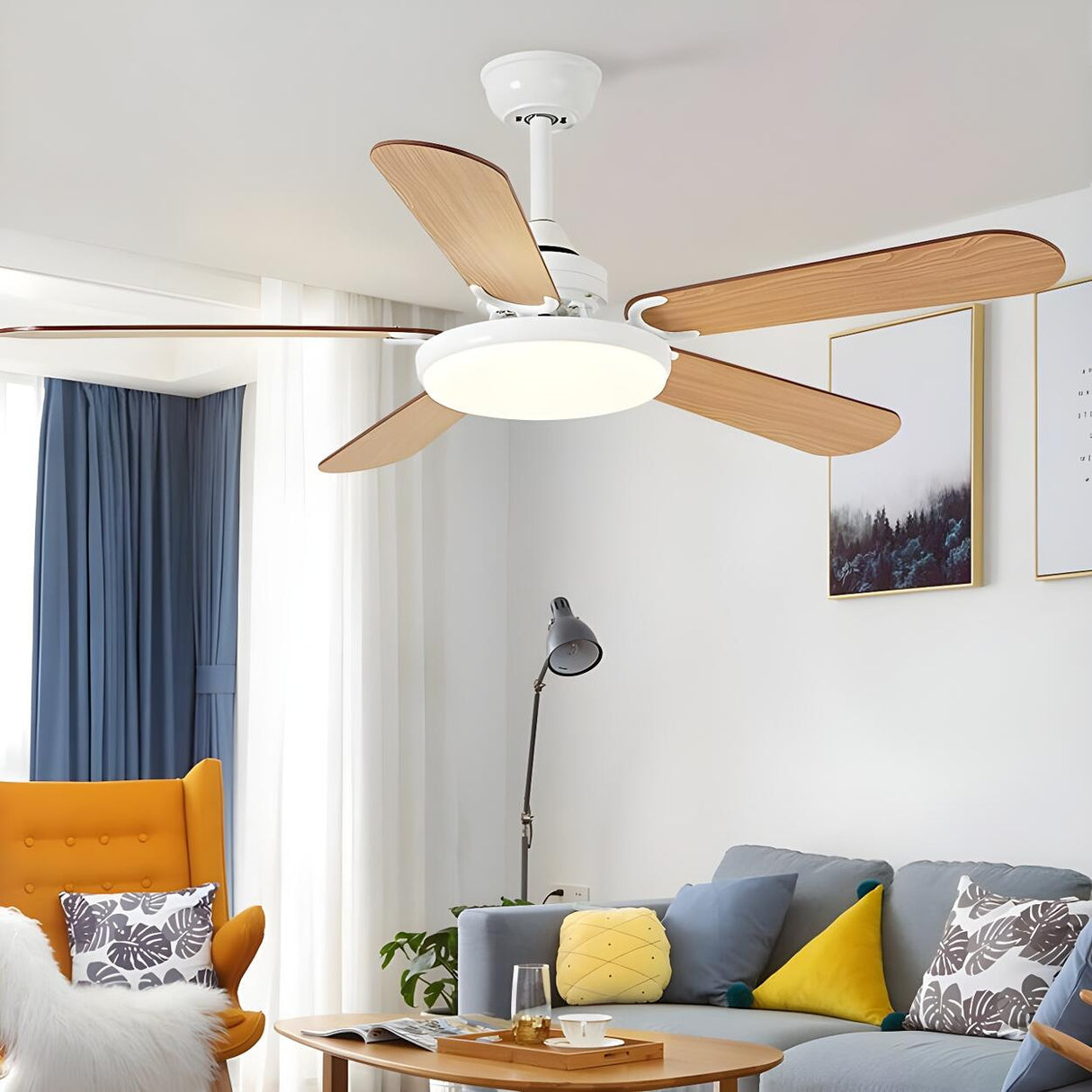 Classic Down Rod 5 Blade Wood Ceiling Fan with Light Image - 4
