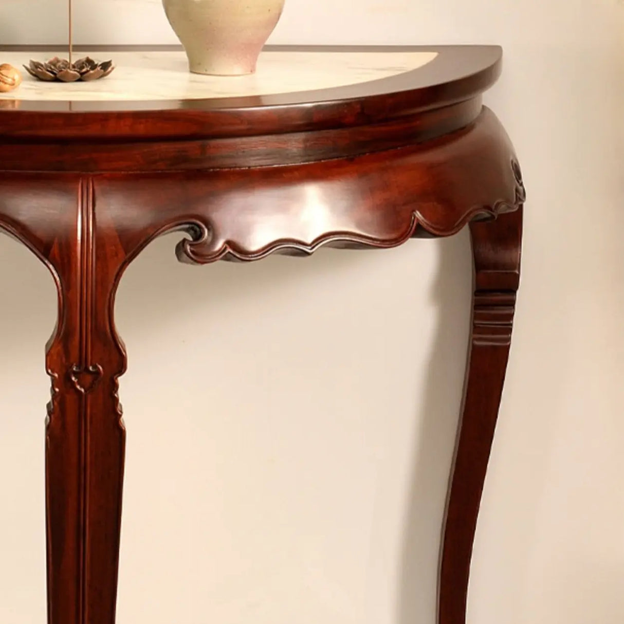 Classic Entryway Half Moon Wood Mahogany Console Table Image - 12