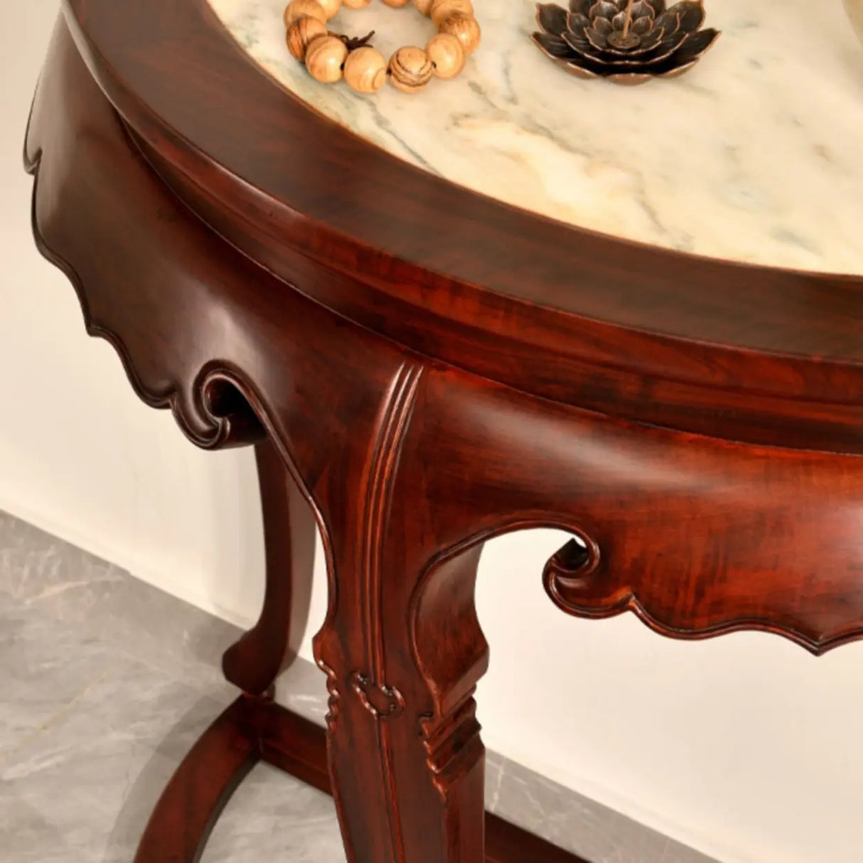 Classic Entryway Half Moon Wood Mahogany Console Table Image - 13