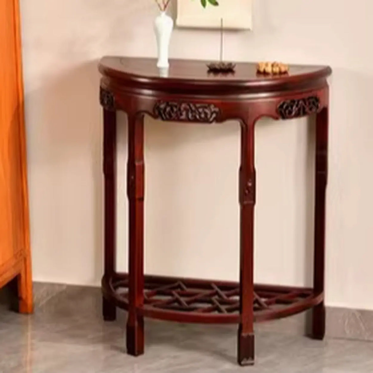 Classic Entryway Half Moon Wood Mahogany Console Table Image - 14